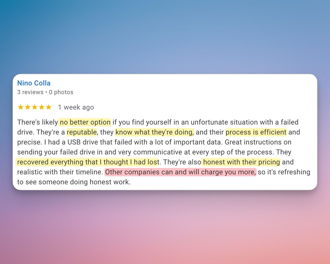 Five-star review from Nino Colla praising $300 Data Recovery for recovering a failed USB drive with honest pricing and clear communication.